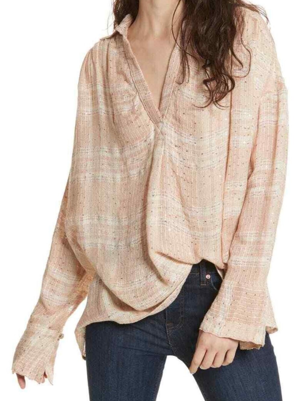 Free People Blush Pink Metallic-Thread V-Neck Top